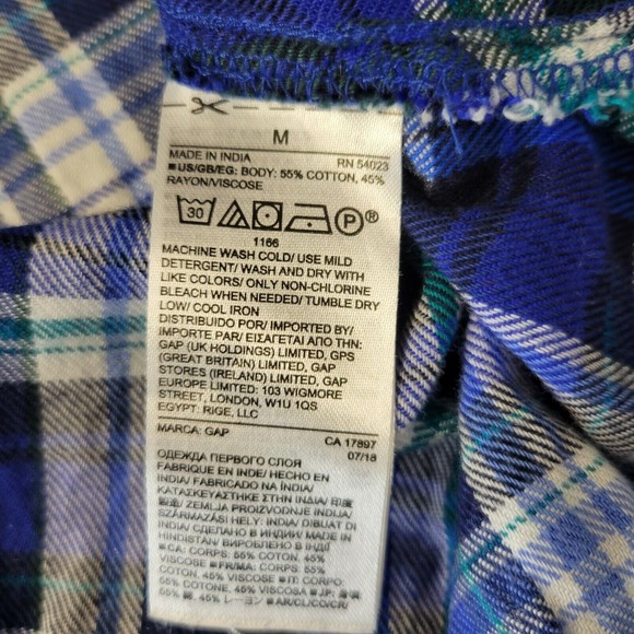 Gap Women's Long Sleeve Shirt Blue White Plaid Elastic Waist V Neck Size Medium - Picture 7 of 7